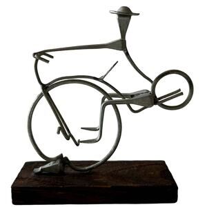 Vintage Sterner Imports Nail Art Sculpture Spain Man on Bicycle on Wood Folk Art